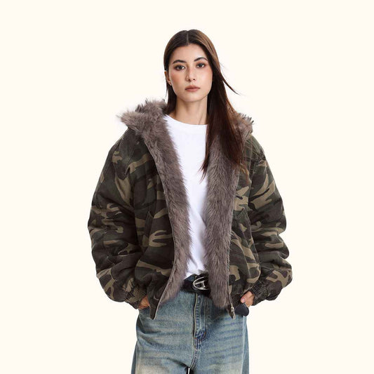 Women's Hooded Camouflage Fleece-Lined Jacket – Warm Outdoor Outerwear
