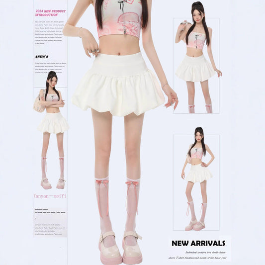 Ballet-style White Bud Skirt For Women Sweet And Chic High-waisted A-line Skirt For Summer French-style Fluffy Bubble Skirt