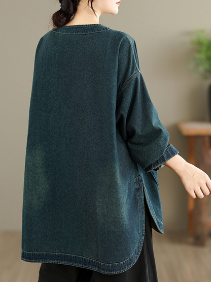 Oversized Denim Cotton Top with Curved Hem and Statement Pocket