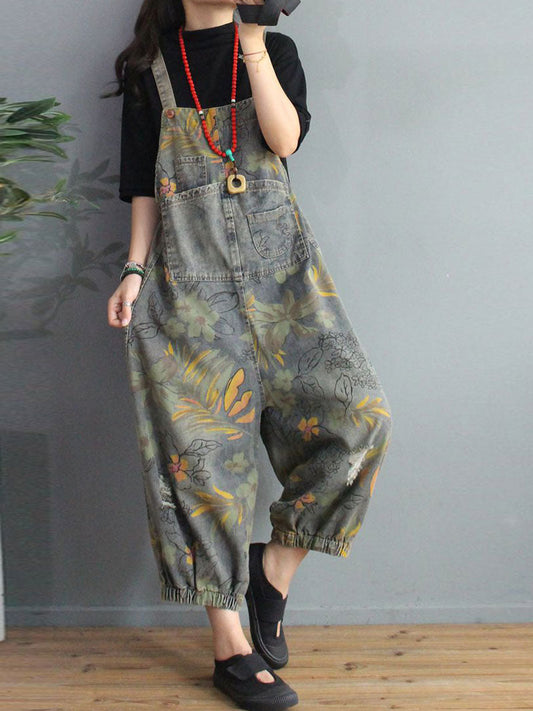Botanical Print Denim Dungarees - Gathered Cuff Fit