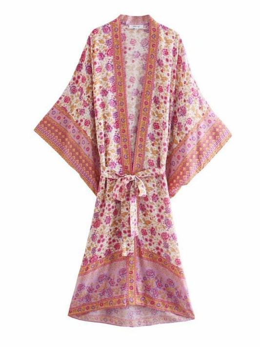 Women's Party Wear Floral Print Pink Color Cotton Long Length Gown Kimono Duster Robe