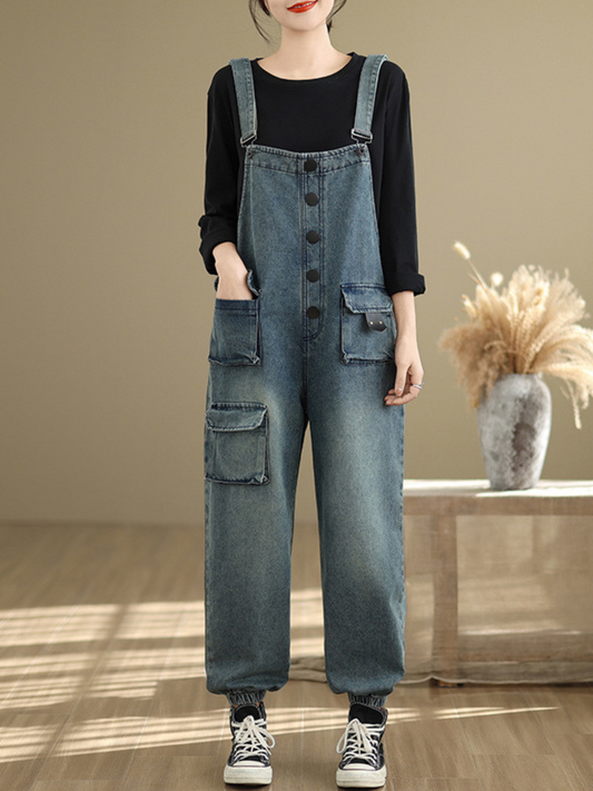 Loose Fit Women's Denim Overalls with Three Dimensional Pockets