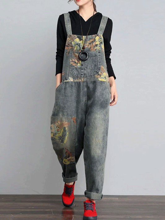 Nature Print Denim Overalls - Relaxed Fit Dungarees