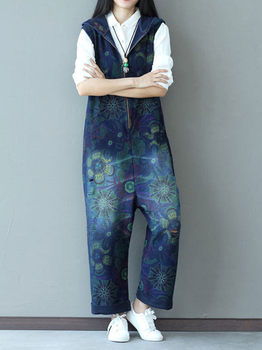 Abstract Floral Zip Dungarees - Sleeveless Rolled-Hem Fit