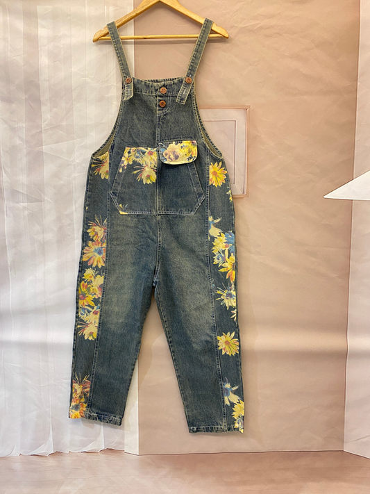 Sunflower Print Denim Dungarees - Utility Pocket Style