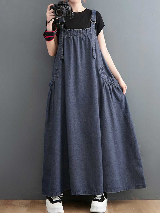 Plain Denim A-Line Salopette Dress - Comfortable Everyday Style | Eva Trends