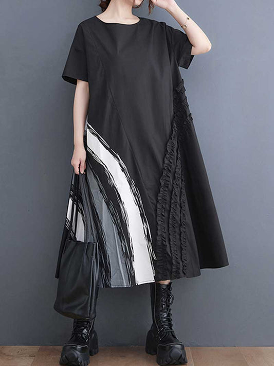 Artsy Asymmetric Brushstroke Midi Dress with Ruffle Panel in Black