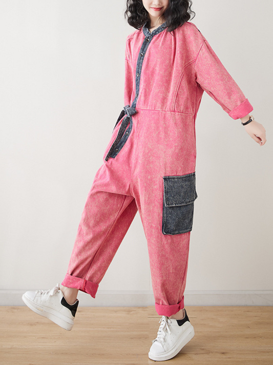 Loose Fit Women's Denim Dungarees Jumpsuit with Tie Suit - Eva Trends