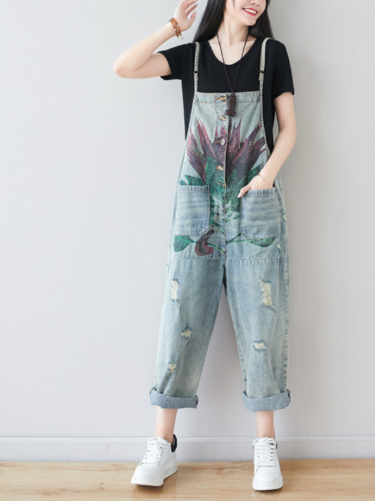 Womens Relaxed Distressed Overalls - Abstract Print Denim Dungarees