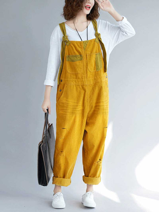 Vintage Washed Denim Dungarees with Knot Straps & Rolled Cuffs