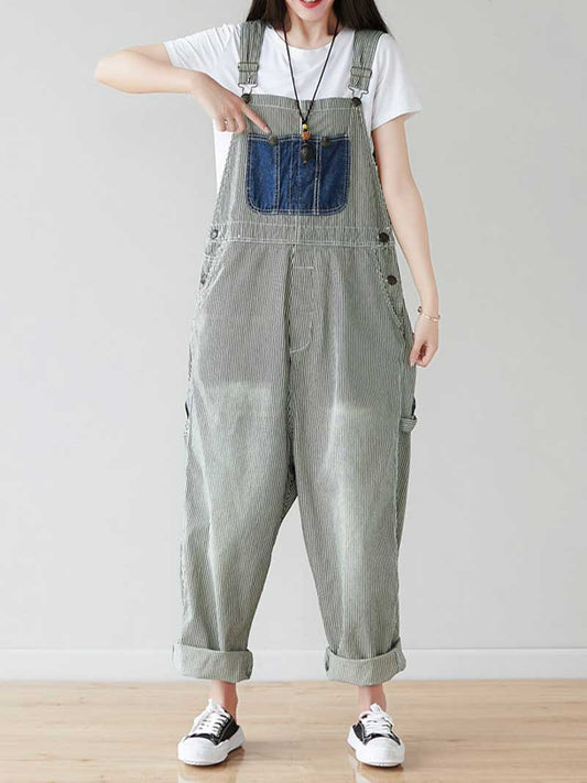 Grey Patch Denim Overalls with Adjustable Straps for Women