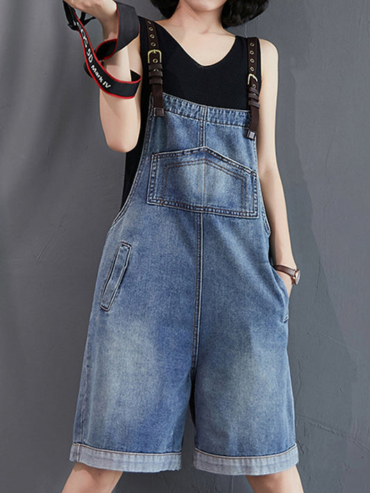 Denim Short Dungarees - Washed Blue Wide Leg Overall