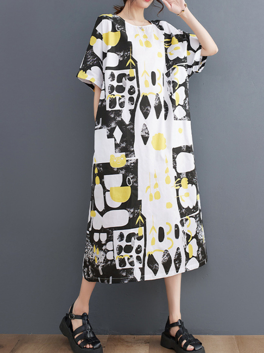 Abstract Print Rayon Midi Dress with Pockets, Chic Summer Style