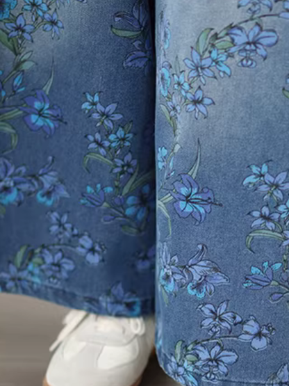 Floral Denim Cotton Wide-Leg Palazzo Pants with Drawstring Waist, Effortless Chic