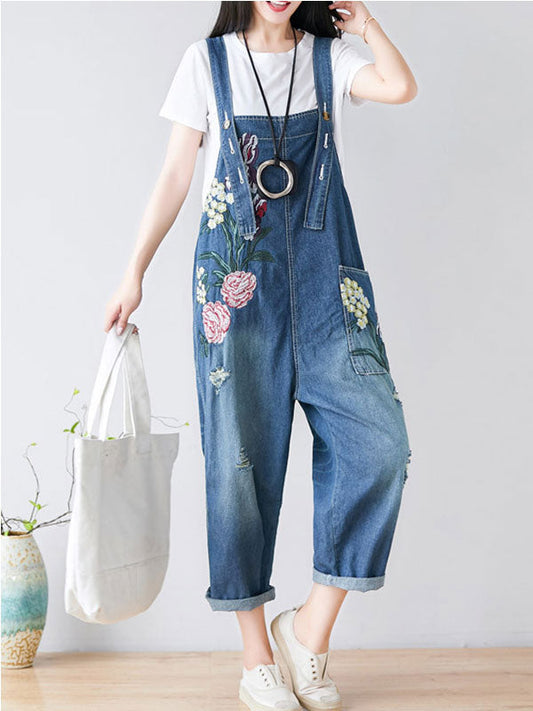 Floral Embroidered Denim Overalls - Relaxed Fit