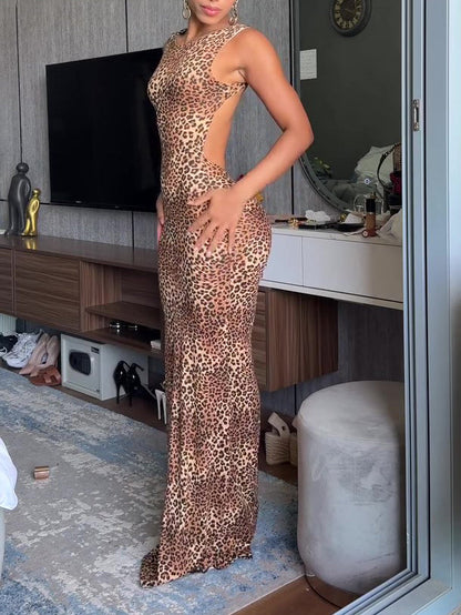 Backless Leopard Print Maxi Dress