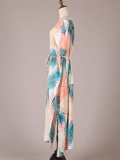 Picnic Partywear Leaf Print Beige Color Cotton Long Length Gown Kimono Duster Robe