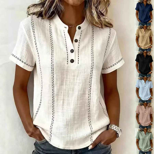 Women's Striped Short-Sleeve V-Neck Button Blouse – Minimalist Casual Top