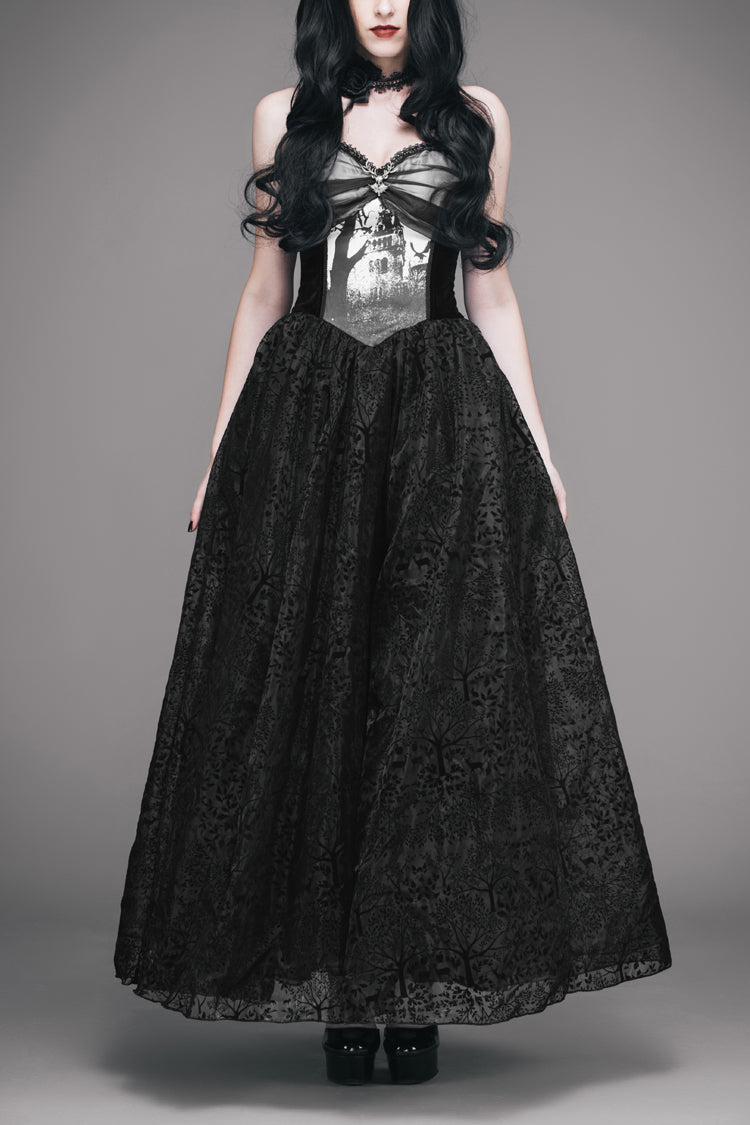 Black Elk Metal Brooch Flocking Print Yarn Floral Women's Gothic Dress