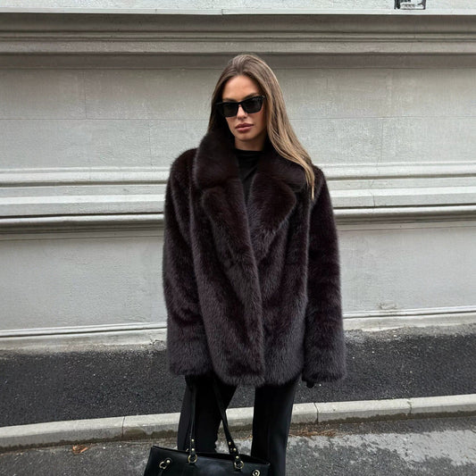 Women's Mid-Length Faux Fur Coat – Black
