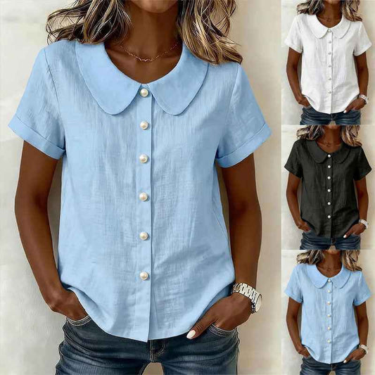 Women's Solid-Color Short-Sleeve Loose Casual Shirt – Lightweight Everyday Top