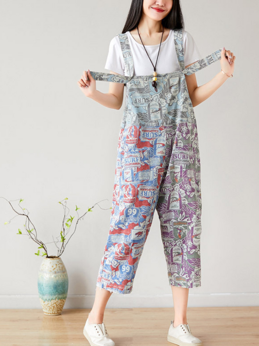 Retro Surf Print Patchwork Dungarees - Cropped Casual Overalls