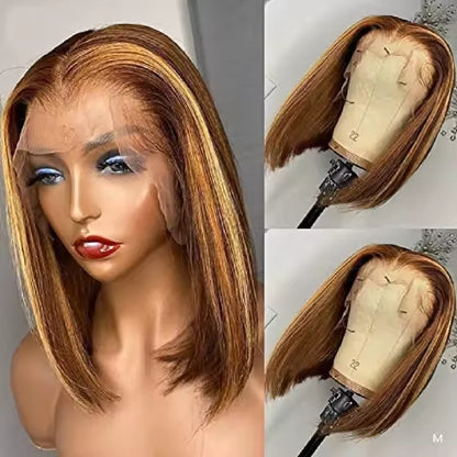 Christmas Piano Color Straight Short Bob Wig Raw Brazilian Virgin Human Hair Wig 4x4 HD Lace Front Wig for Black Women