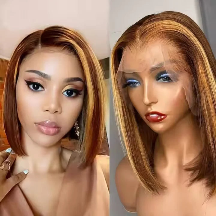 Christmas Piano Color Straight Short Bob Wig Raw Brazilian Virgin Human Hair Wig 4x4 HD Lace Front Wig for Black Women
