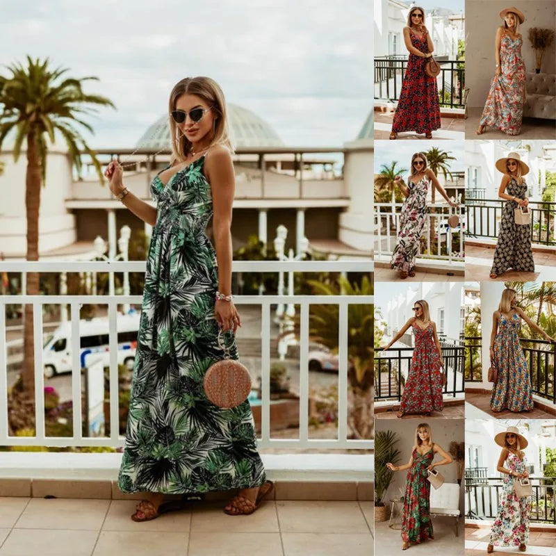 Spring Summer Elegant Women Corset Bohemian Dress Sexy New 2024 Fashion Strap V Neck High Waist Print Long Vacation Dress