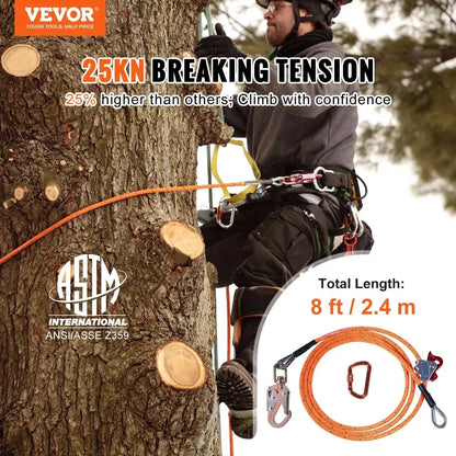Steel Core flipline 1 2 x 8' Arborist Flipline Flip Line for Tree Climbing with Alloy Steel Snap Hook Aluminum Alloy Carabiner