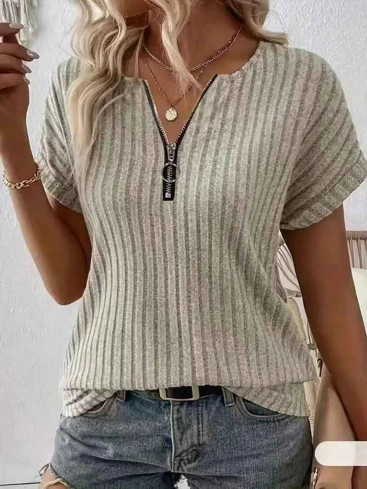 Women's Zipper Stripe Short Sleeve  T-Shirt 2025 Fashion Casual Top for Ladies