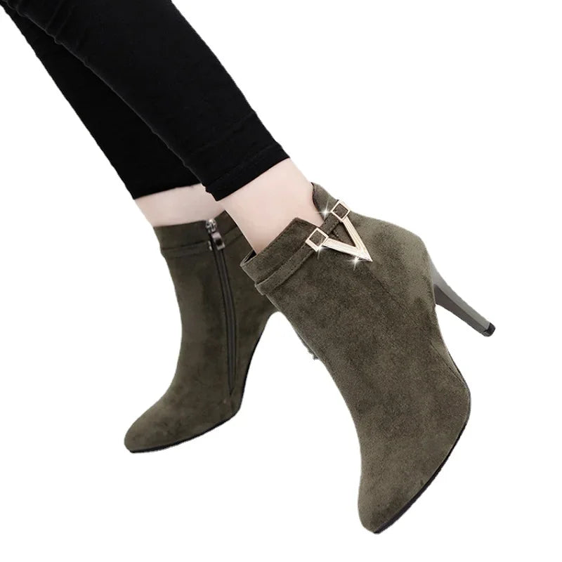 Botas Mujer Invierno  Autumn Stiletto Thin High Heels Woman Pointed Toe Pu Leather Zipper Sexy Ankle Women Boot Botines Chelsea8