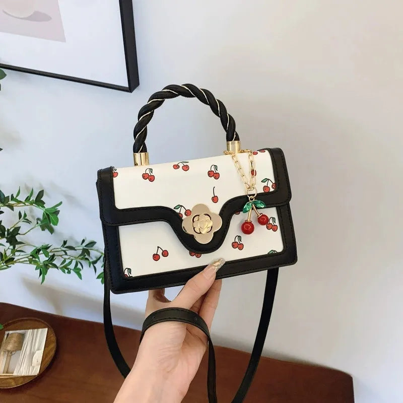 Cute Cherry Printed Handbag Shoulder Bag, Woven Handle Square Tote Bag, Fresh Design Women's Crossbody Bag, Stylish Women Bag