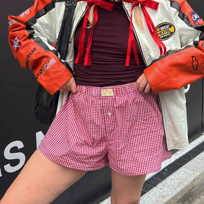Women’s Y2K Retro Cleanfit Plaid Print Elastic Low Waist Button Front Aesthetic Loungewear Loose Shorts Boxers Streetwear