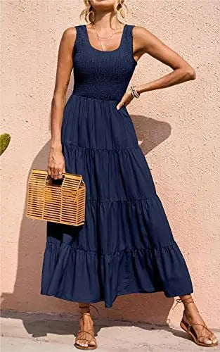 Dresses For Women 2024 Summer Sexy Elegant Sleeveless Floral Solid Color Long Dress Fashion Elastic Waist Beach Party Big Swing