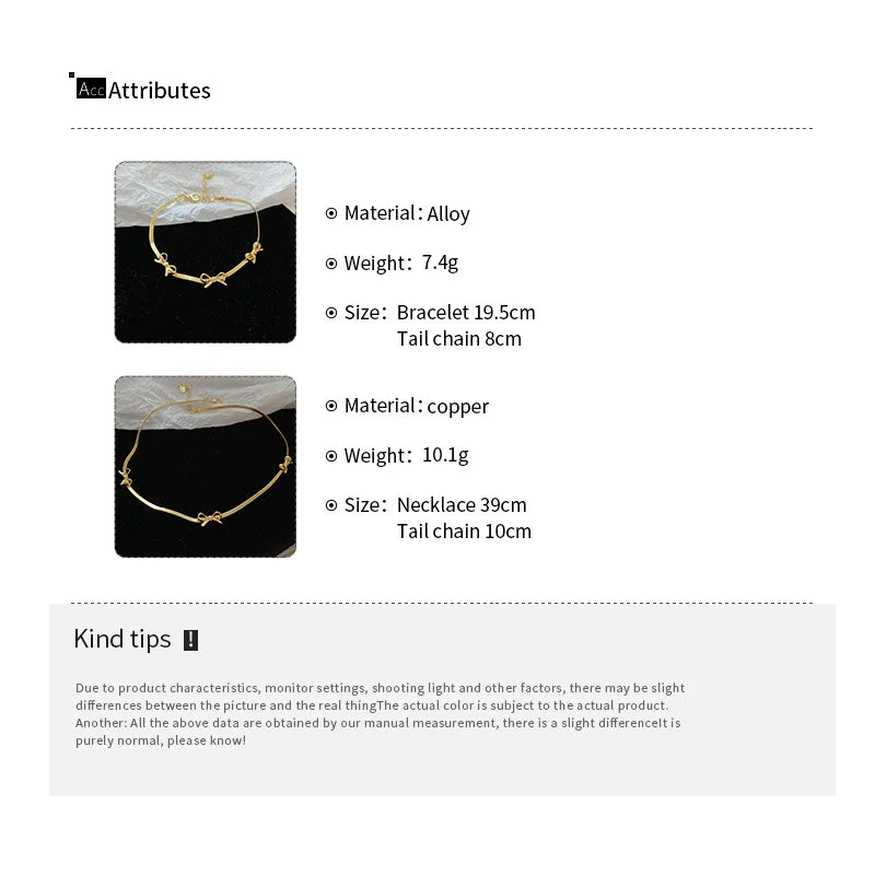 Silver Color Color Bowknot Bracelets for Women Girls Sparkling Delicate Chains Blade Chokers Necklaces Party Dress Jewelry Gifts