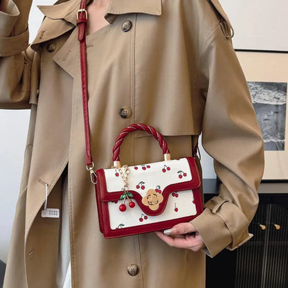 Cute Cherry Printed Handbag Shoulder Bag, Woven Handle Square Tote Bag, Fresh Design Women's Crossbody Bag, Stylish Women Bag