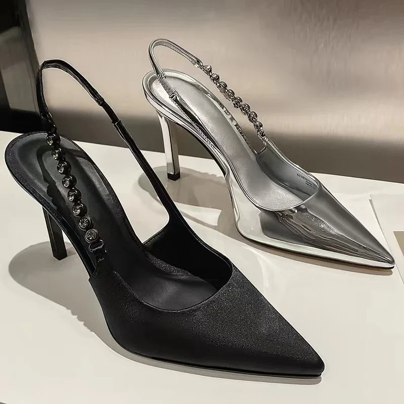Shiny High Heels Slingback Women Pumps Metallic Crystal Sandals Pointy Toe Stiletto Heeled Shoes Silver Party Dress Shoes Woman