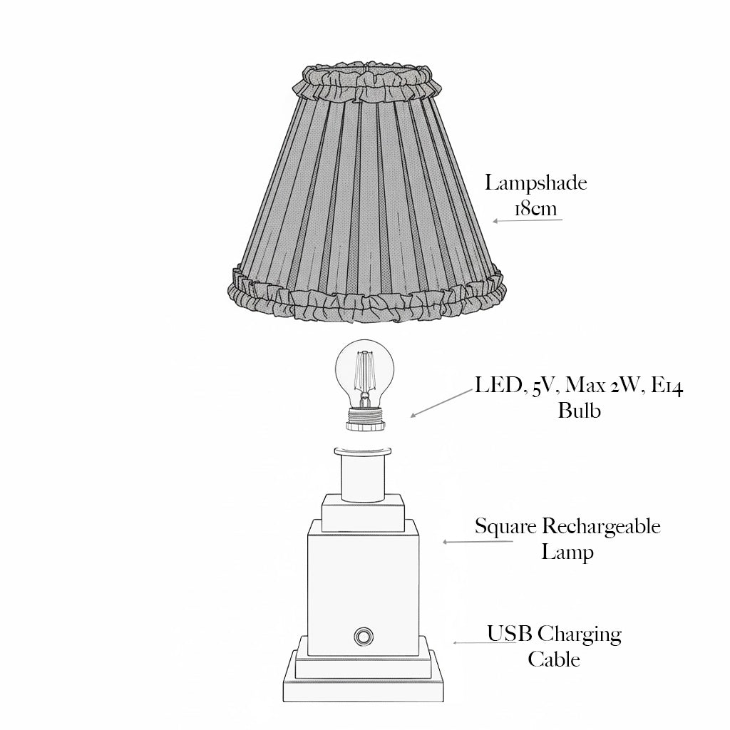 Square Rechargeable Lamp with Cream Frilled Silk Shade (18cm)