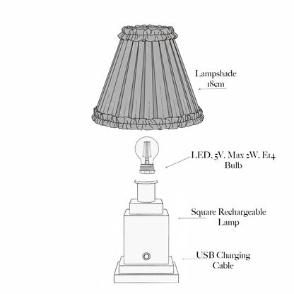Square Rechargeable Lamp with Cream Frilled Silk Shade (18cm)