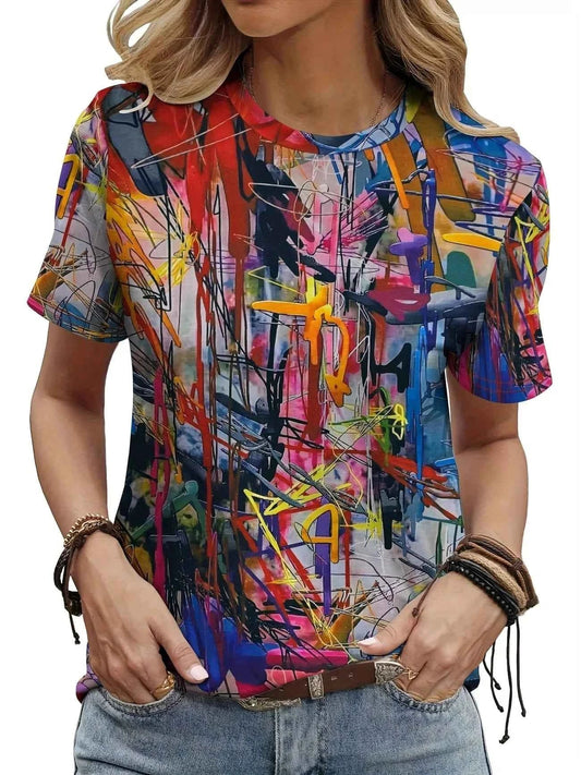 Stand out in this eye-catching graffiti art tee! Soft, breathable fabric, round neck, short sleeves, and a bold multicolored abs