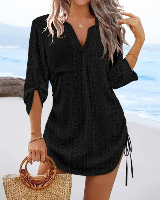 Women's V-Neck Hollow Out Beach Tunic - Lightweight Summer Cover Up with Side Tie Details