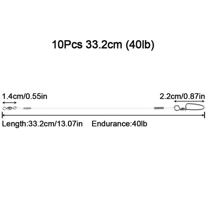 10Pcs Fluorocaron Fishing Leaders 20LB-50LB Fluorocarbon Wire Leader Line with Swivel and Snaps Connect Tackle Lures Rig or Hook