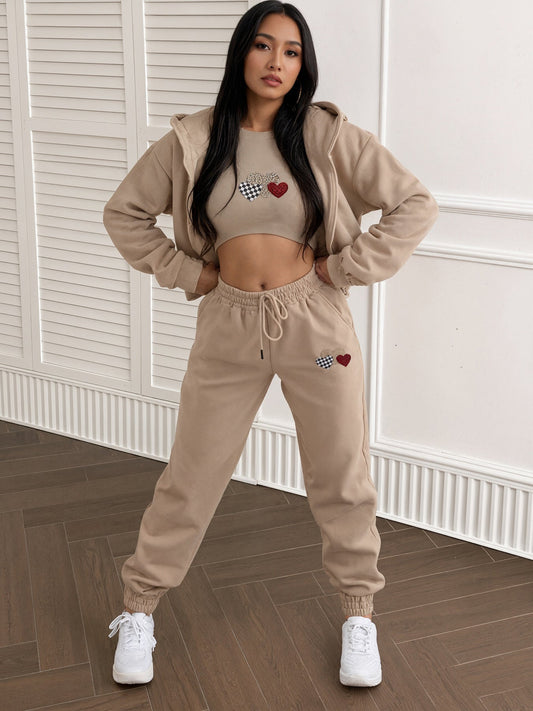 Women's Fleece Heart-Print 3-Piece Set – Jacket, Vest & Pants