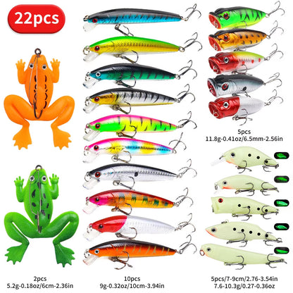 22-Piece Hard Fishing Lure Kit – Topwater & Midwater, Minnow, Popper, VIB, Pencil