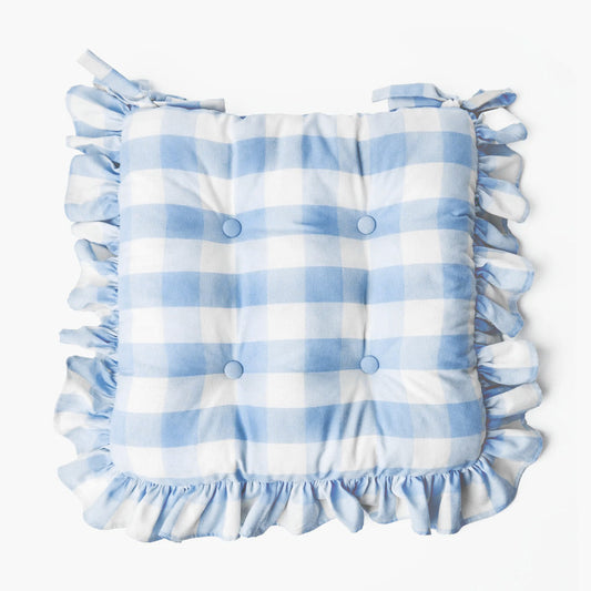 Blue Gingham Ruffle Seat Pad Cushion