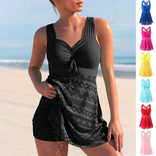 Women's Solid Color Lace One-Piece Swimsuit with Shorts – Korean Style