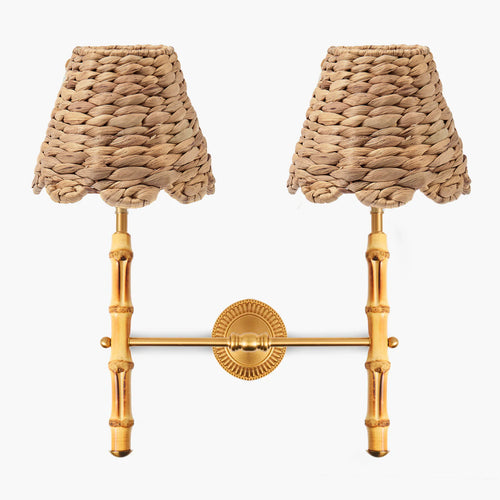 Bamboo Rechargeable Double Wall Light with Small Natural Seagrass Shade (18cm)