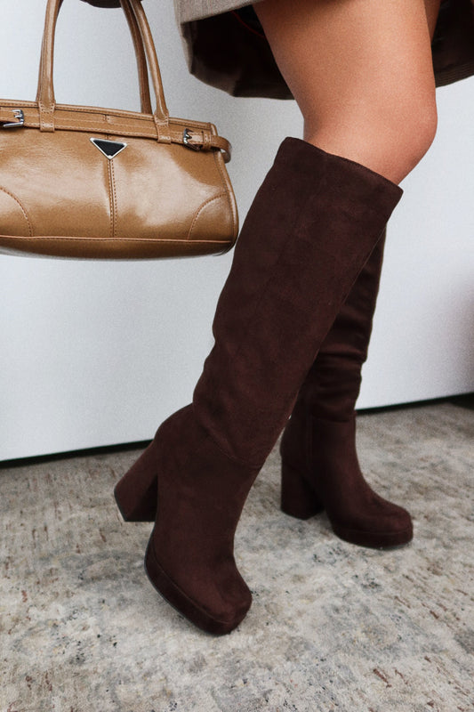 Hudson Wide Fit Platform Block Heel Boots - Brown Suede