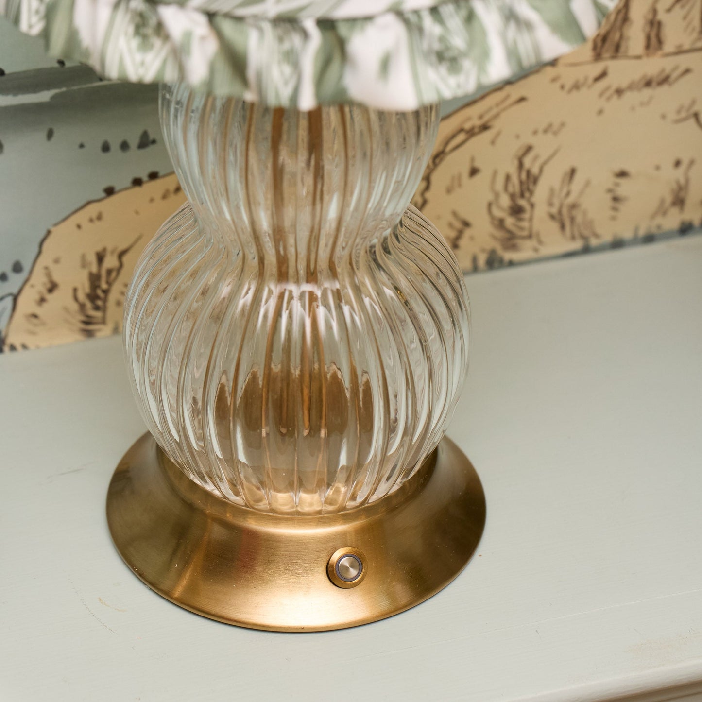 Glass Bardot Rechargeable Lamp with Olive Ikat Ruffle Shade (18cm)